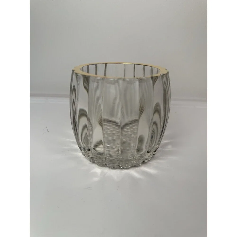 Vintage Jeannette National Clear Glass Sugar Bowl Gold Trim Ribbed Hobnail Base